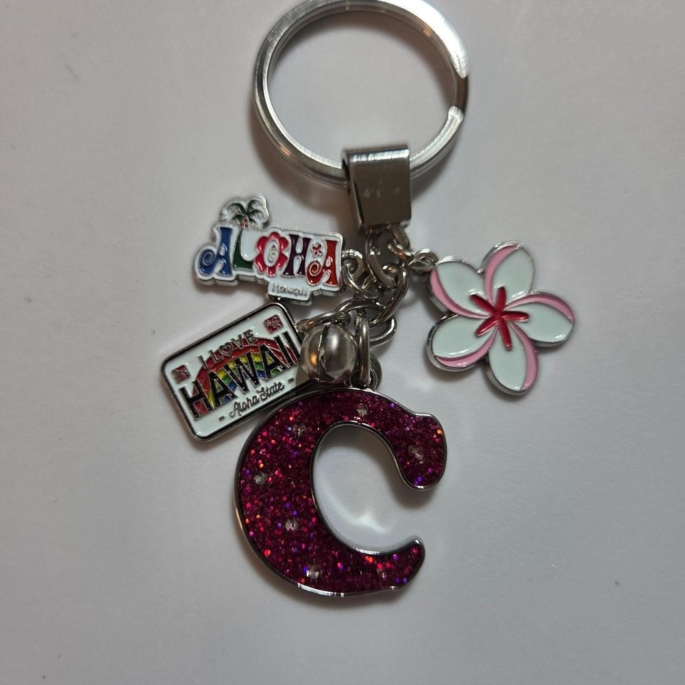 Hawaii Aloha C Initial Keychain Pink Glitter Flower Charm Souvenir Key Ring
